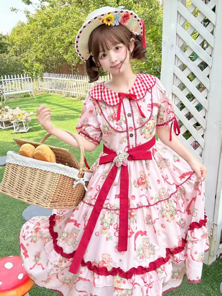 Qianmu - The Bear's Strawberry Field - Daily Lolita OP Dress With Petal Collar & Bear Strawberry Print