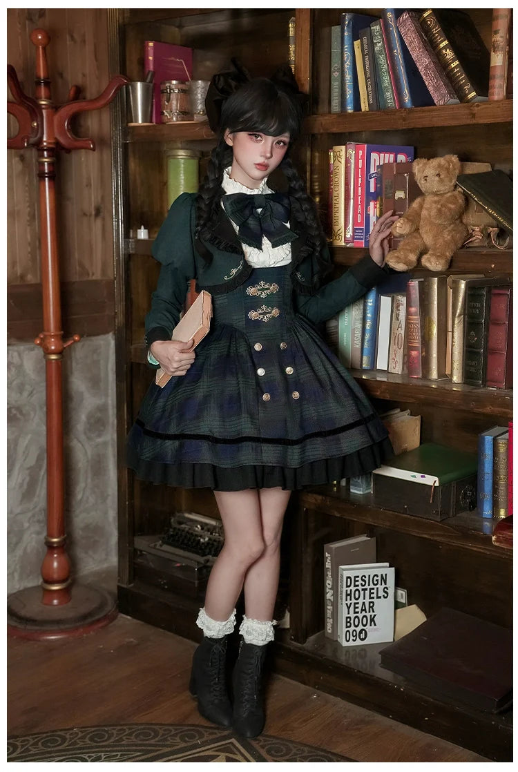 With PUJI - Berlin Souvenir - Plaid Preppy Style Lolita Bust Supporting JSK Outfit