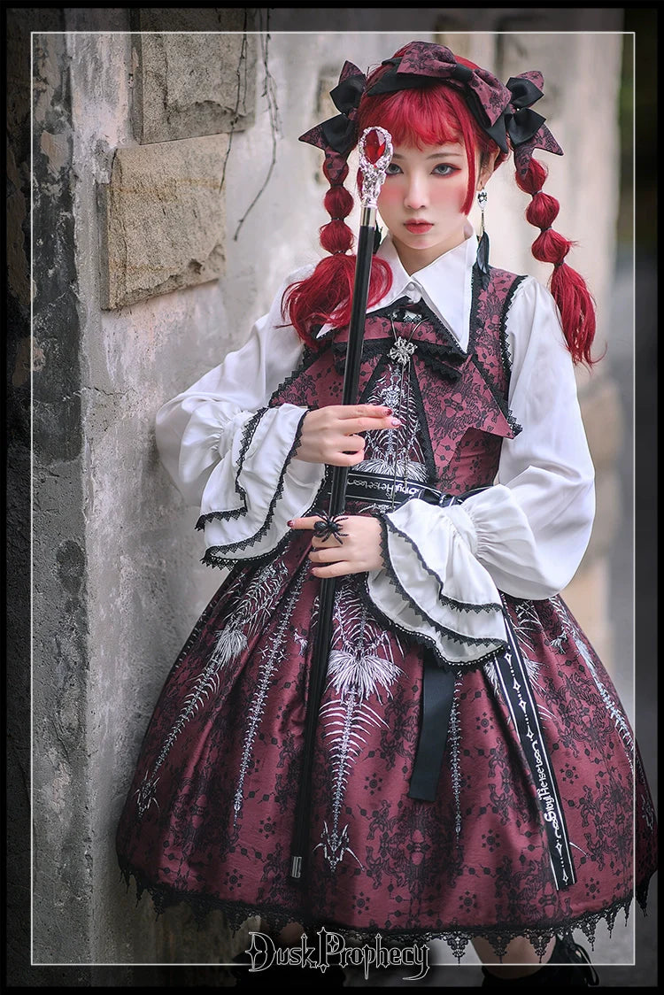 DuskProphecy - Coccyx - Elegant Lolita Dress High Waist Fishbone Print JSK Set