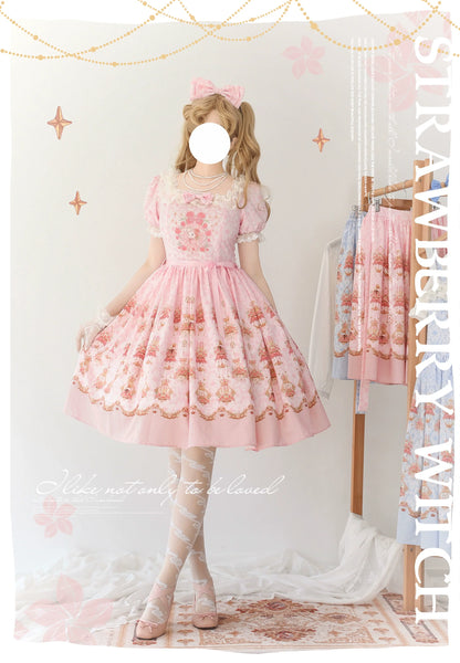 Strawberry Witch - Rose Garden Bunny - Daily Lolita Rose Bunny Printing OP JSK Dress Set