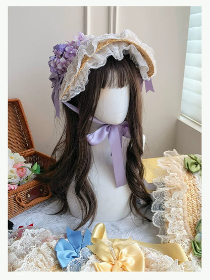 With PUJI - Floral Language - Country Lolita Lace Bow Flat Cap Straw Hat