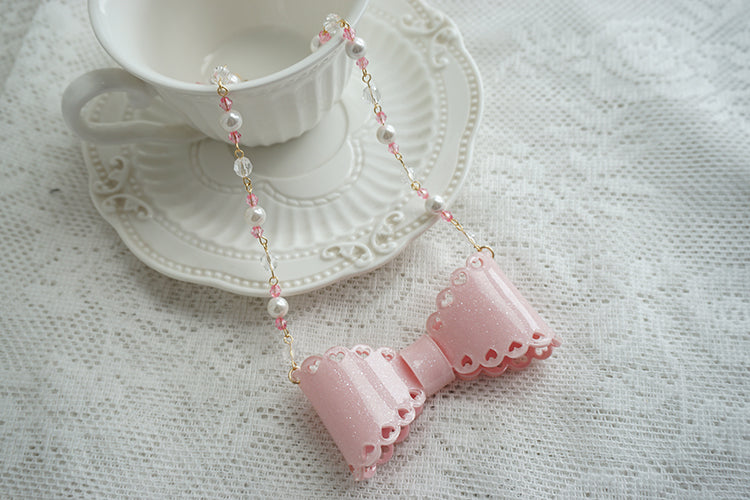 Cat Tea Party - Handmade Sweet Lolita Beaded Bow Necklace