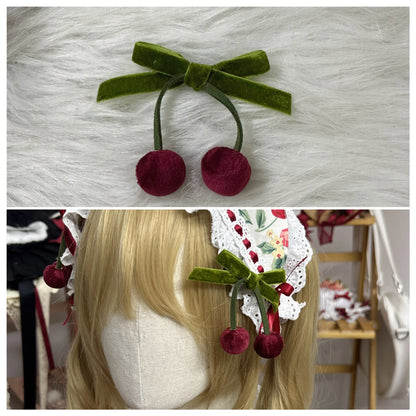 Chestnut Lolita - Sweet Lolita Headdress Cherry Hair Clip Straw Hat Necklace Handmade Set