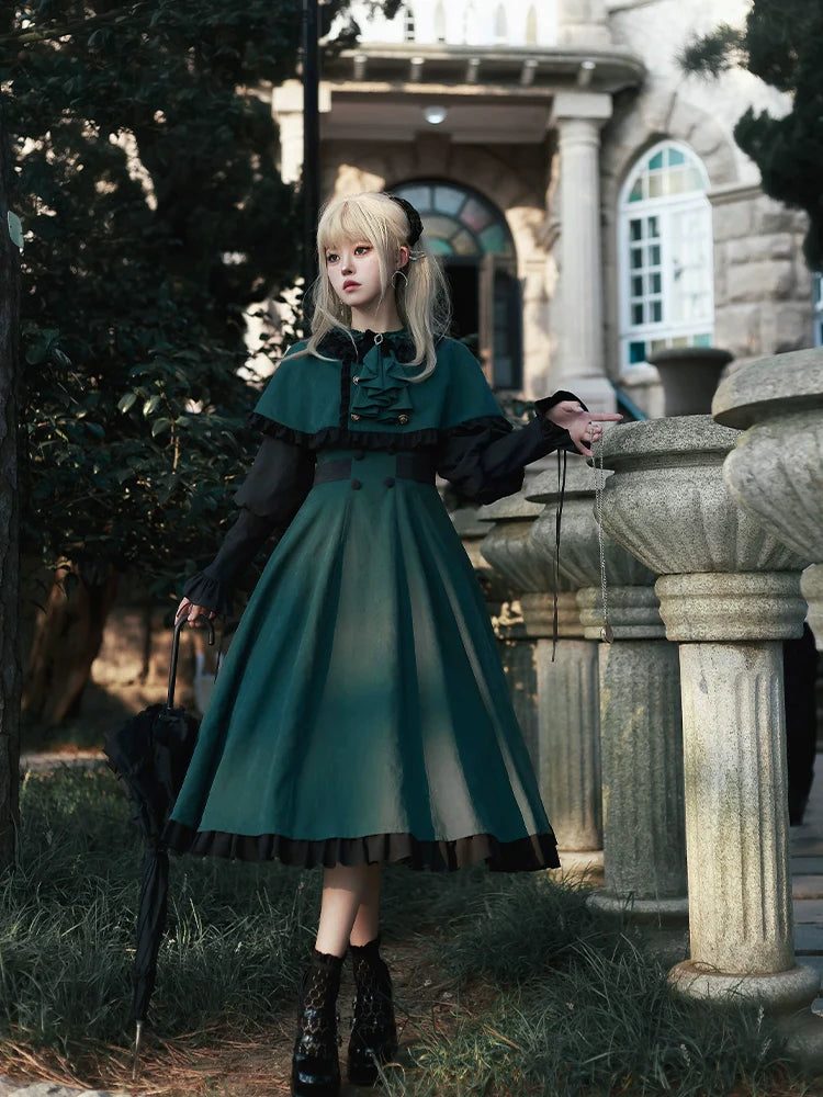 With PUJI - College of Potions - Elegantt Lolita OP Dress Black and Green Dress with Cape