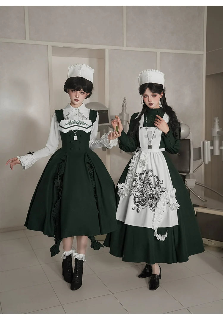 With PUJI - Letter and Poetry ﾂｷ Abyss Clinic - Gothic Lolita Green Dress Set