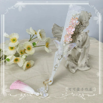 Cocoa Jam - Han Lolita Fan Decorative Folding Fan with Butterfly and Flowers Tassel