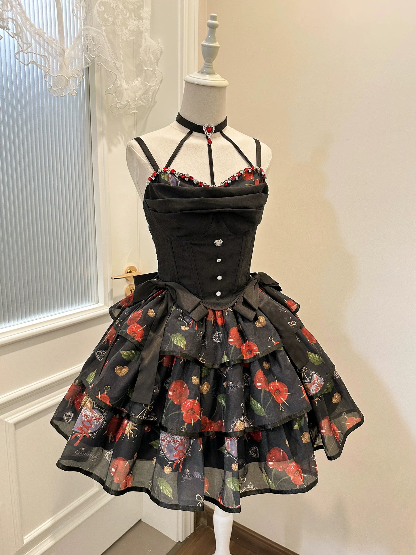 Gloaming - Sweet Lolita Cherry print Short Sleeve OP and SK Set