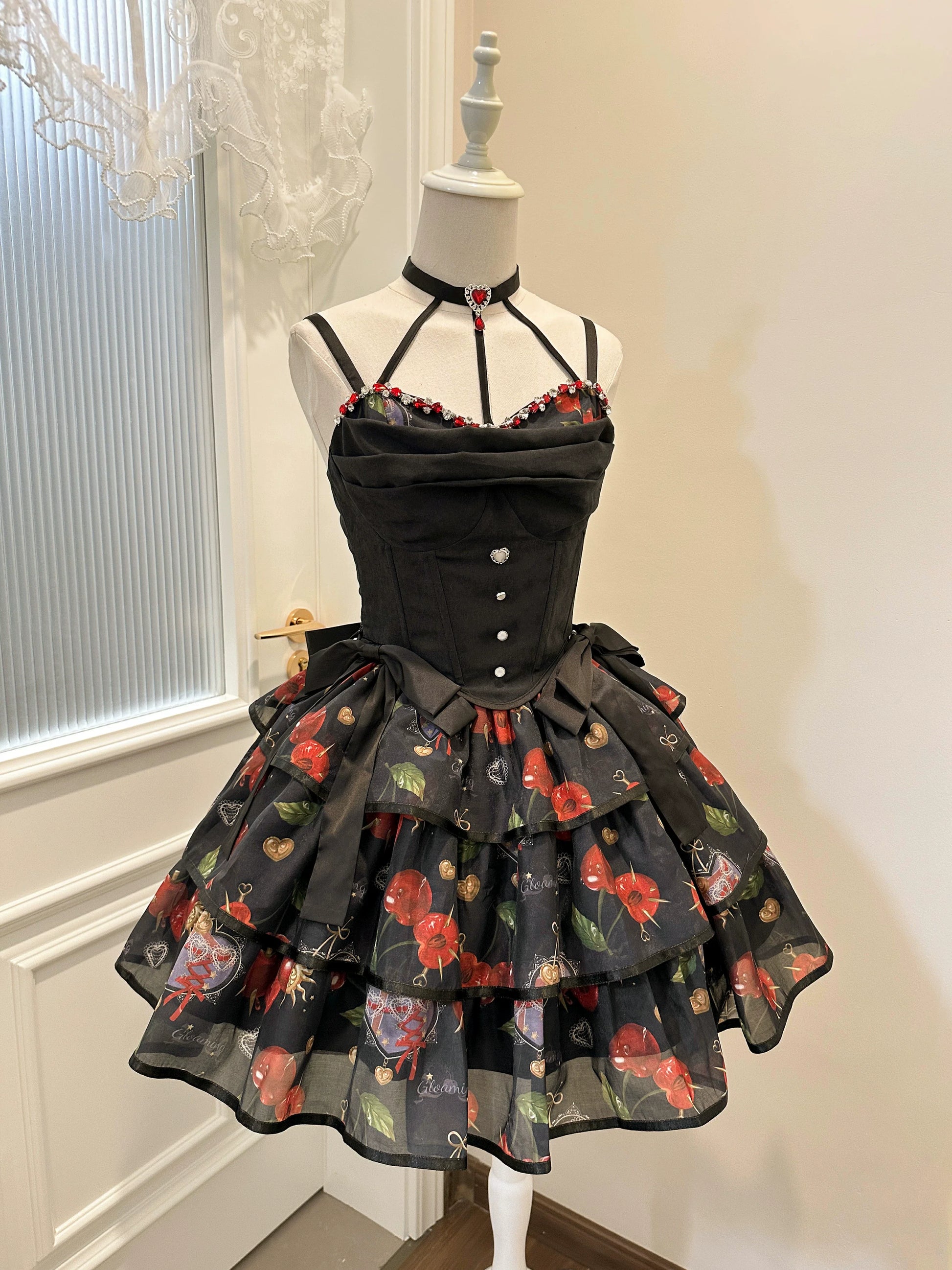 Gloaming - Sweet Lolita Cherry print Short Sleeve OP and SK Set