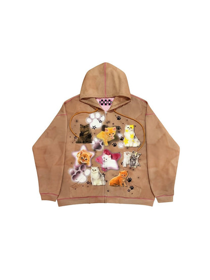 Cat Print ZIP-Up Hooded Sweat【s0000004223】