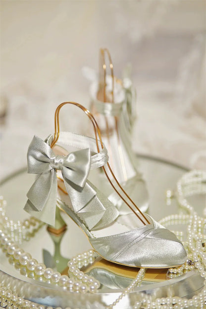 MR.Qiutian - Coronation - Elegant Lolita Shoes Satin Heels With Rose Buckle & Bow Clip