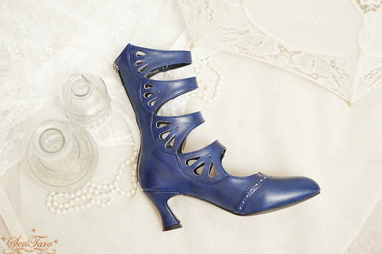 Sentaro - Floral Carved - Vintage Lolita Shoes Mary Jane Hollow-out Ankle Boots