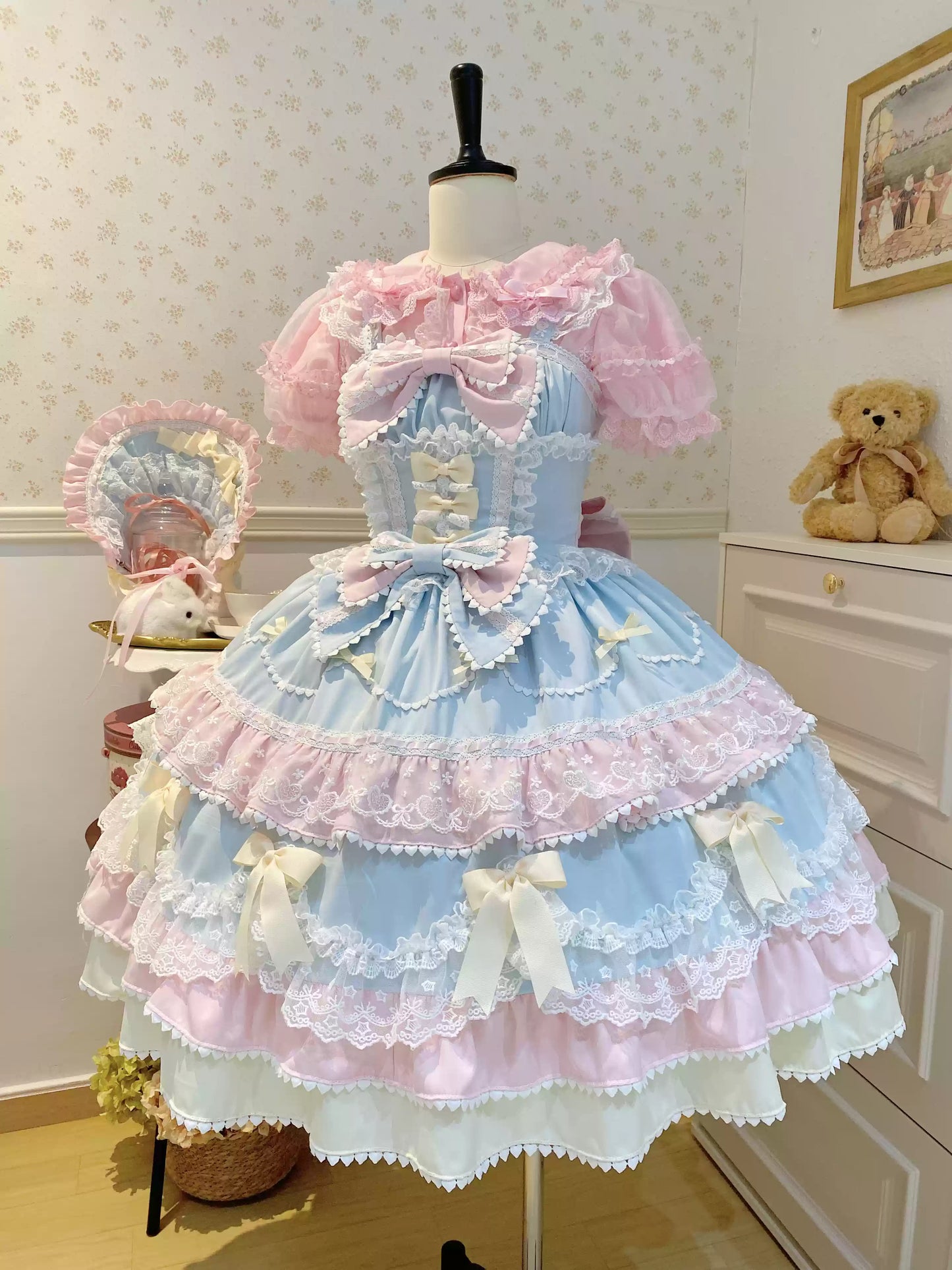 Sugar Girl - Fondant Cake - Summer Sweet Lolita JSK Dress, Tiered Ruffles and Bows