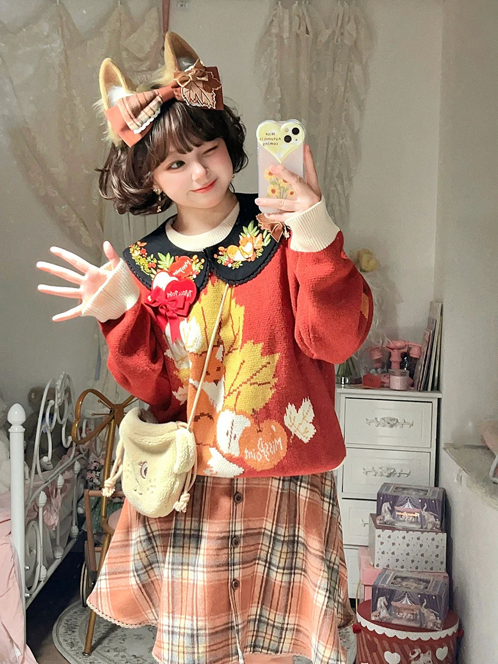 Miss Point - Chubby Fox in the Forest - Kawaii Lolita Accessories Knitted Fox Scarf Embroidered Faux Collar