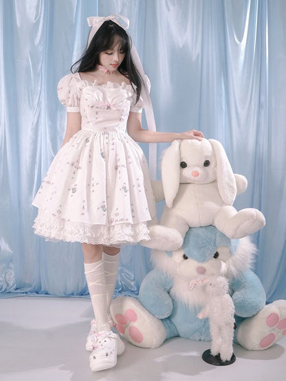 Print puff sleeve lace dress【s0000002172】