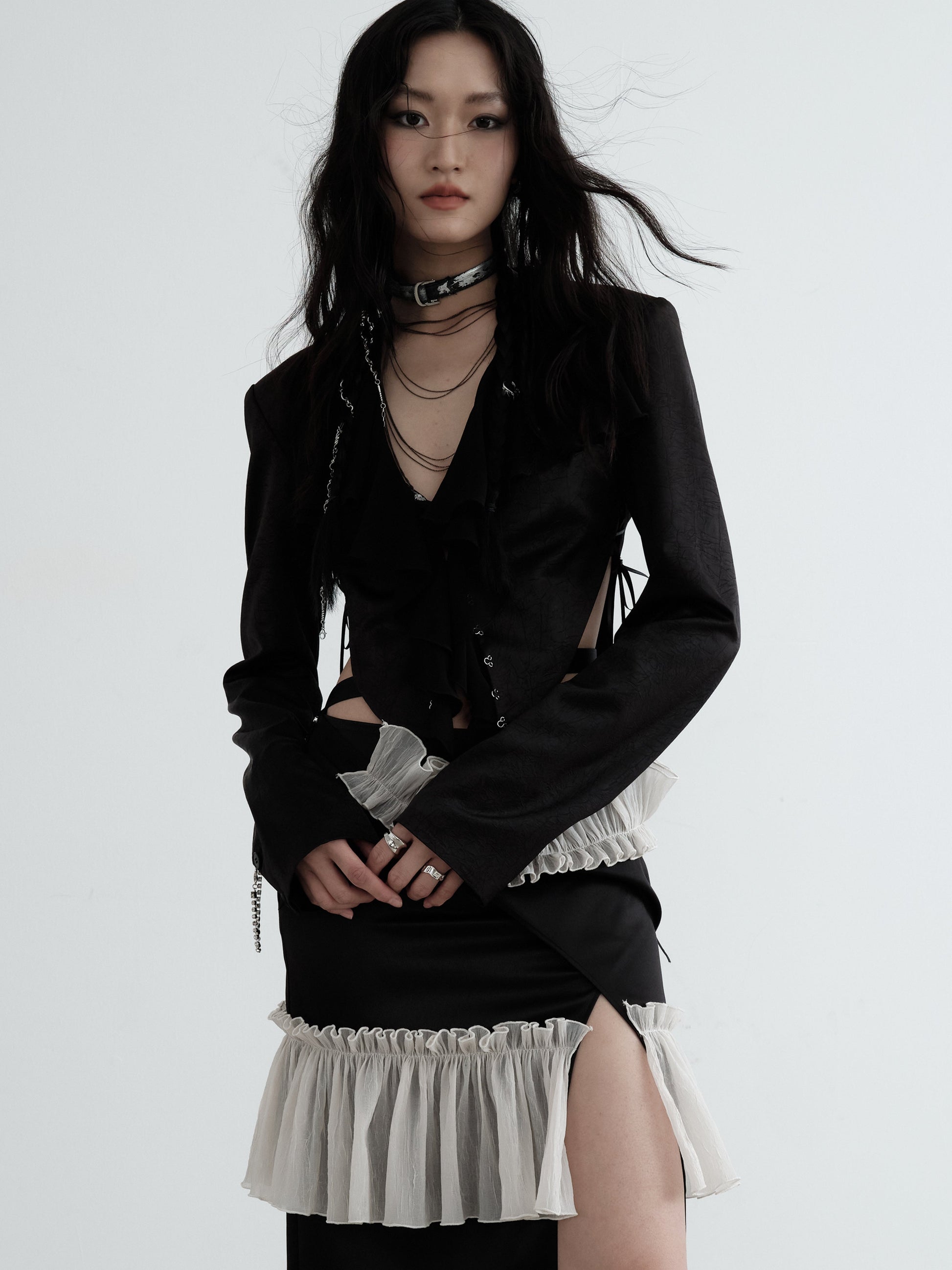 Waist Exposed Pleated Textured Satin Short Jacket