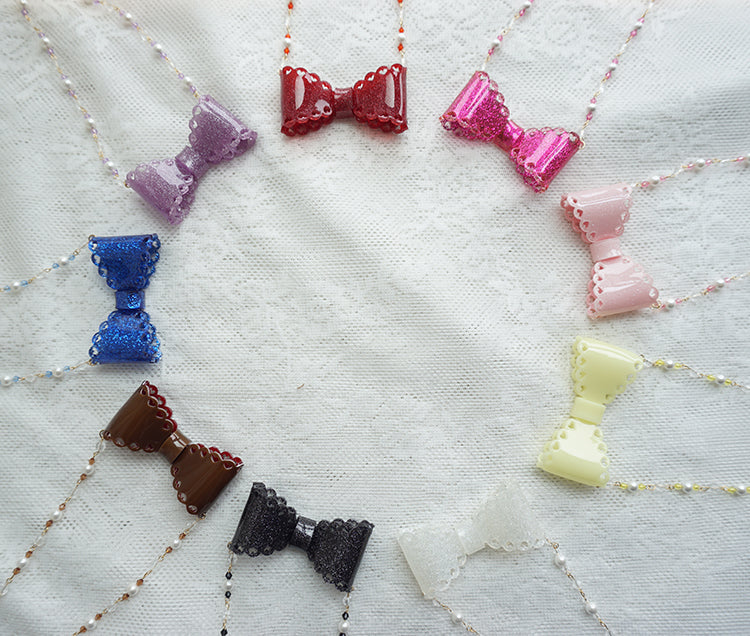 Cat Tea Party - Handmade Sweet Lolita Beaded Bow Necklace
