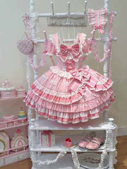 Hanguliang - Showa Flower Butterfly - Pink Sweet Lolita OP Dress With Bows & Lace Trim