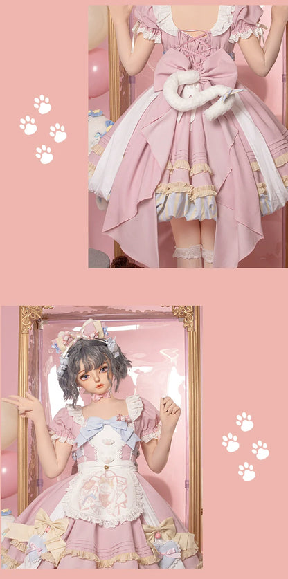 OCELOT - Sweet Lolita Pink Cat Tail OP Dress Set