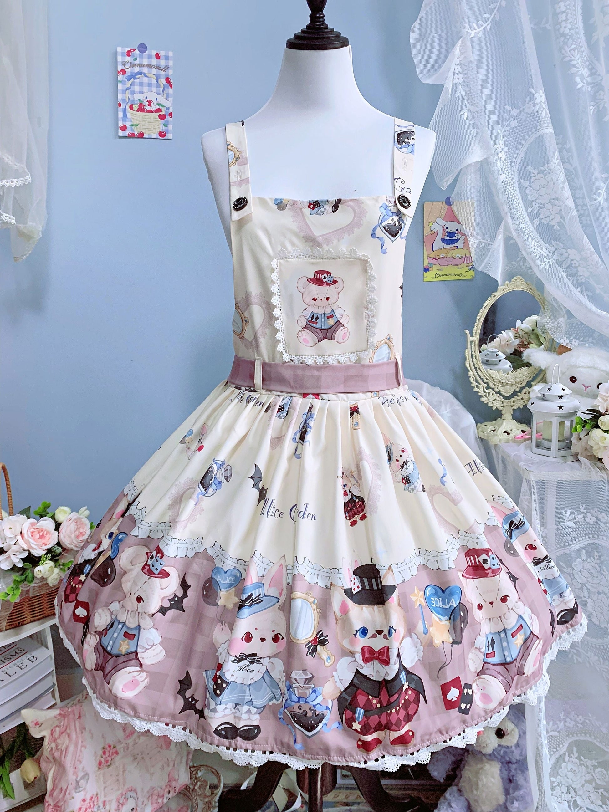 Night Never Sleeps - Bunny Meow Bear - Kawaii Lolita Salopette Bear Print Dress