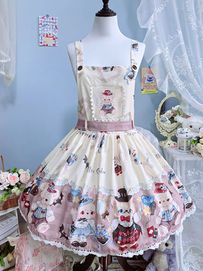 Night Never Sleeps - Bunny Meow Bear - Kawaii Lolita Salopette Bear Print Dress