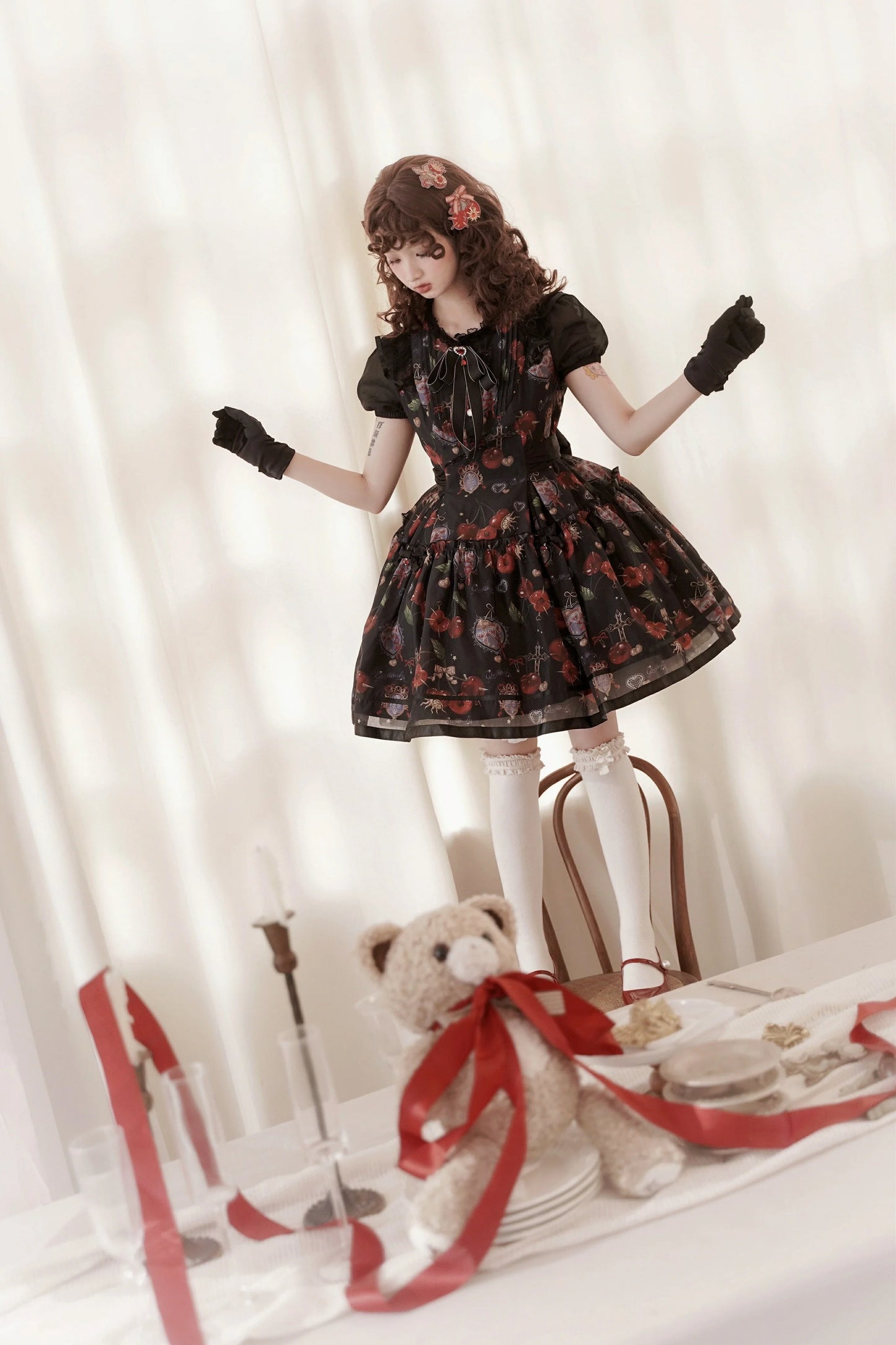 Gloaming - Sweet Lolita Cherry print Short Sleeve OP and SK Set
