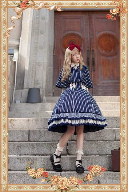Infanta - Elegant Lolita Stripe High-waist Jumper Dress Set and Cape