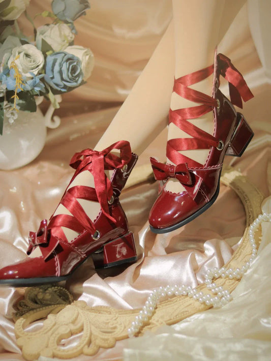 MR.Qiutian - Muse Kiss - Elegant Lolita Shoes Lace-up Bow Heels Round Toe