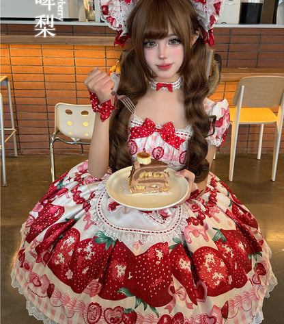 Mengfuzi - Strawberry - Sweet Lolita OP and JSK with Strawberry Print