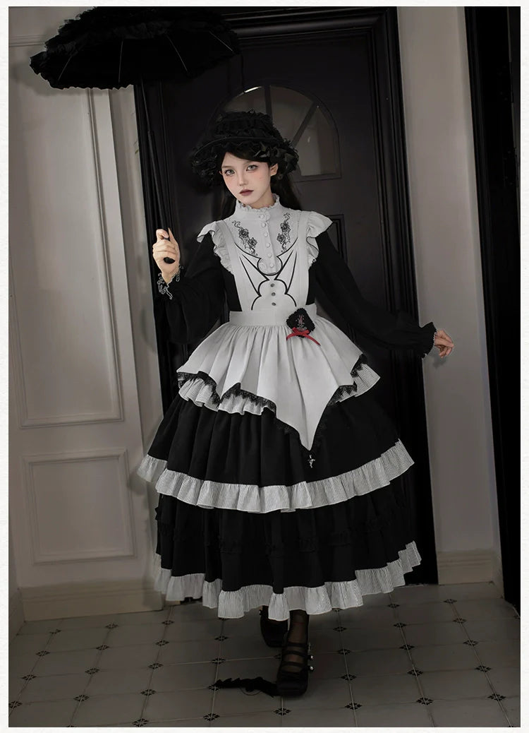 With PUJI - Castle Night - Gothic Twins Lolita OP Three-tiered Embroidery Dress