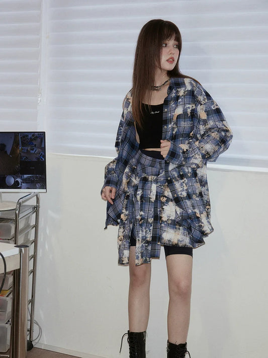 Blue plaid shirt skirt【s0000008894】