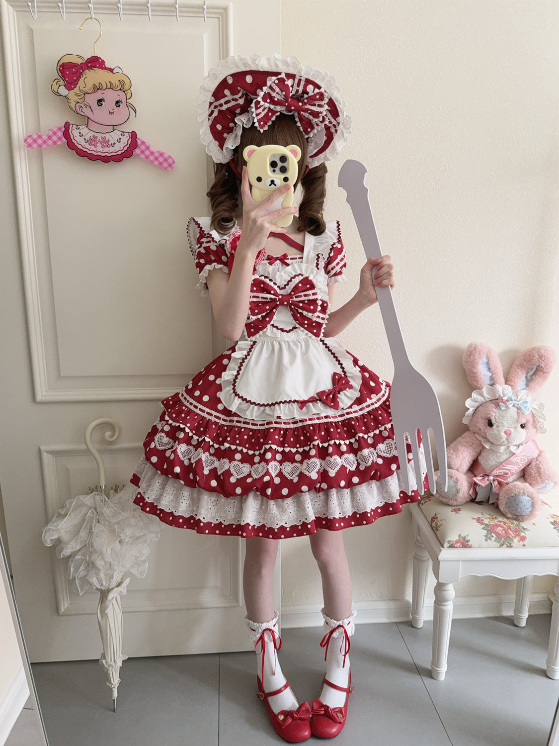 Hanguliang - Berry Bubble - Sweet Lolita OP Suit Tiered Ruffles Skirt with Polka Dots
