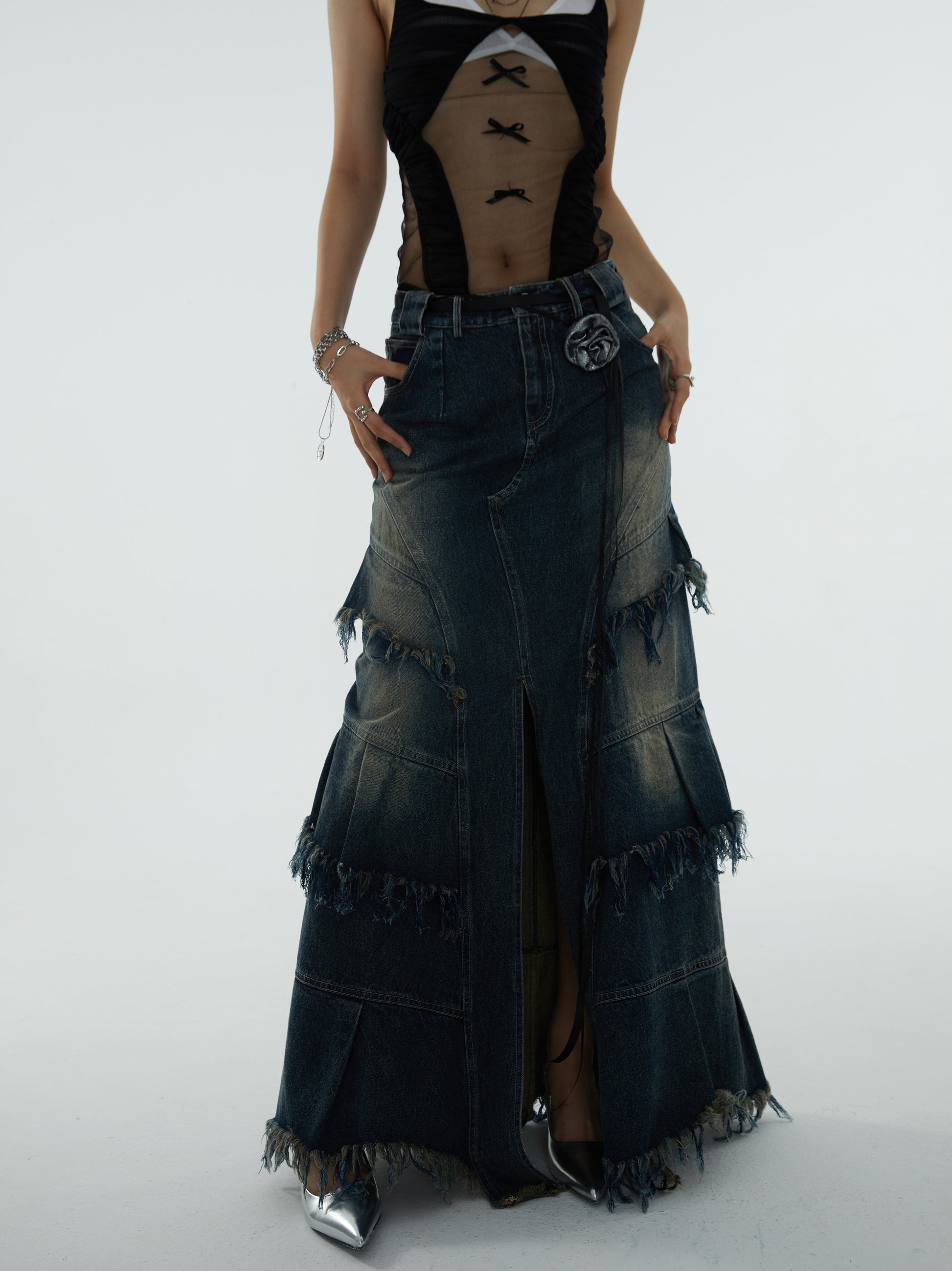 Washed Tassel Raw Edges Super Long Denim Skirt