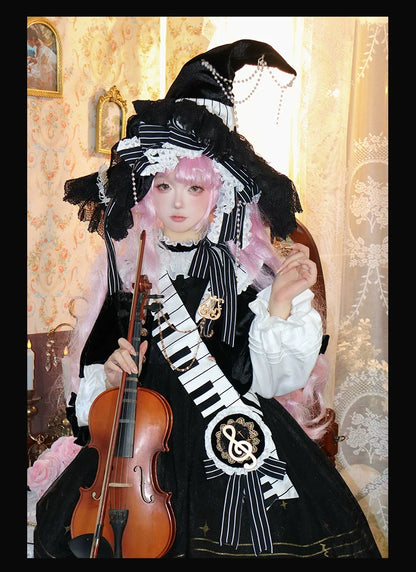 Forest Fluorescent Carps - Black and White Sonata - Ouji Lolita Vest Suit and Vintage Lolita OP Dress