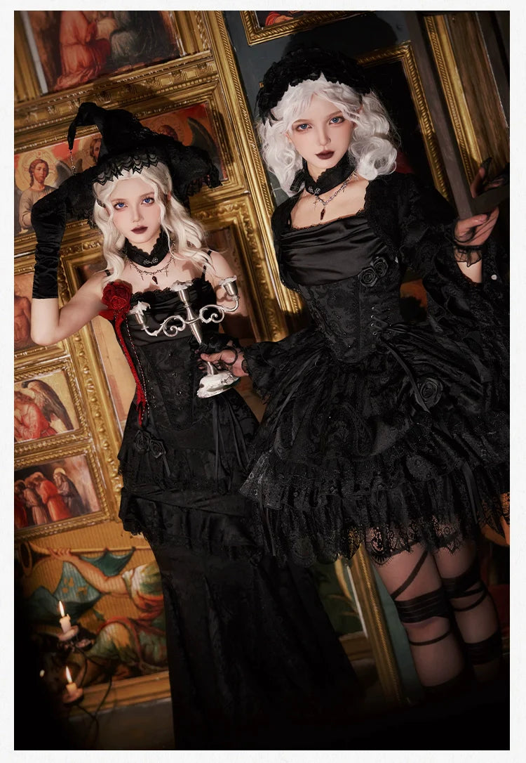 With PUJI - Letter and Poetry ﾂｷ Twilight - Black Gothic Lolita Skirt Set, Witch-Inspired