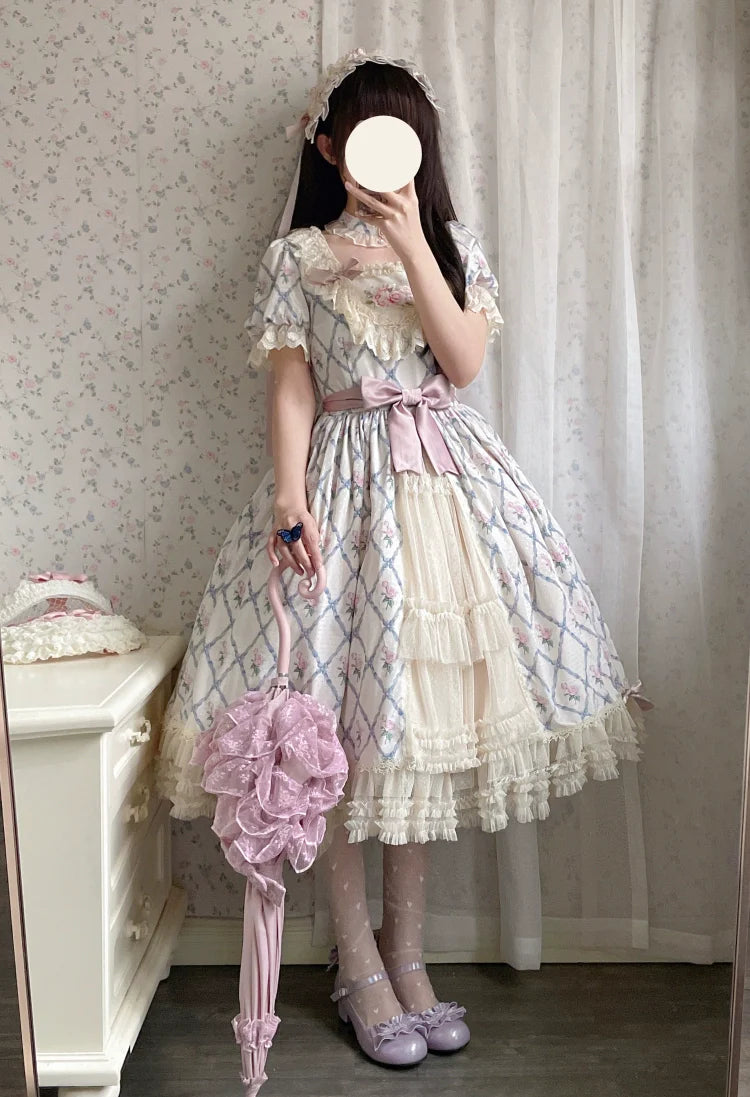 Moon River - Elegant Lolita OP Dress Short Sleeve Square Neckline Print Dress