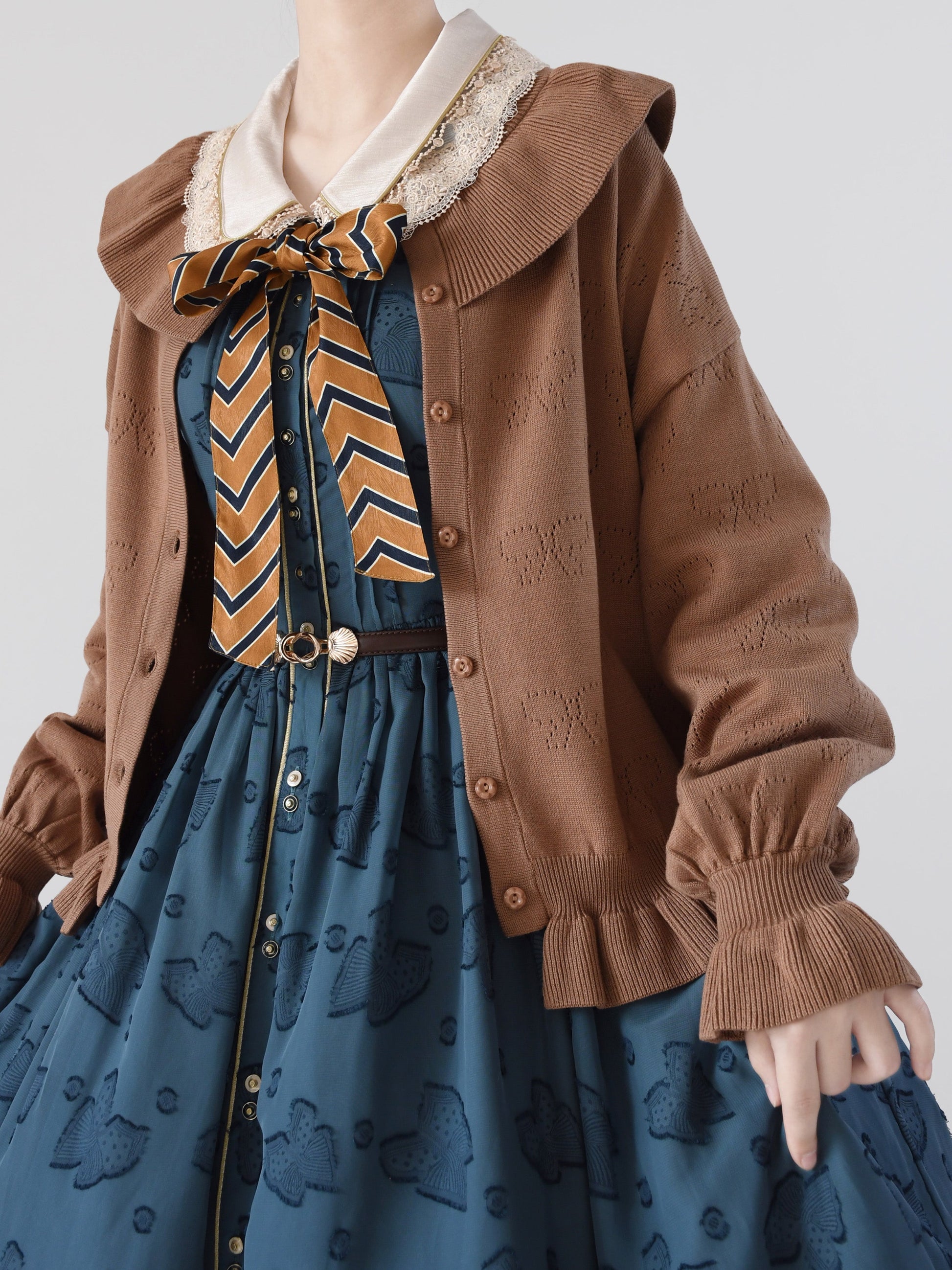 MIST - Vintage Lolita Bow Hollowed-out Sweater Ruffled Cardigan