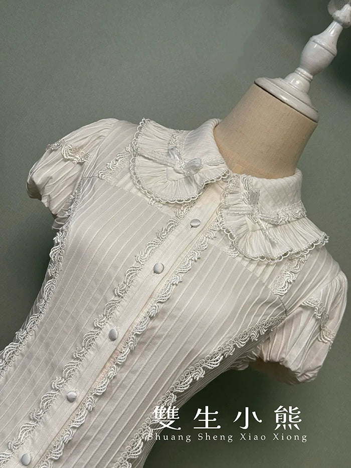 Shuang Sheng Xiao Xiong - Bite The Cake - White Sweet Lolita Blouse, Lace-Up Back