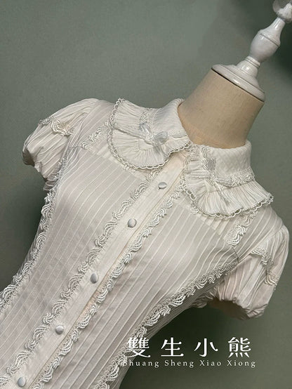 Shuang Sheng Xiao Xiong - Bite The Cake - White Sweet Lolita Blouse, Lace-Up Back