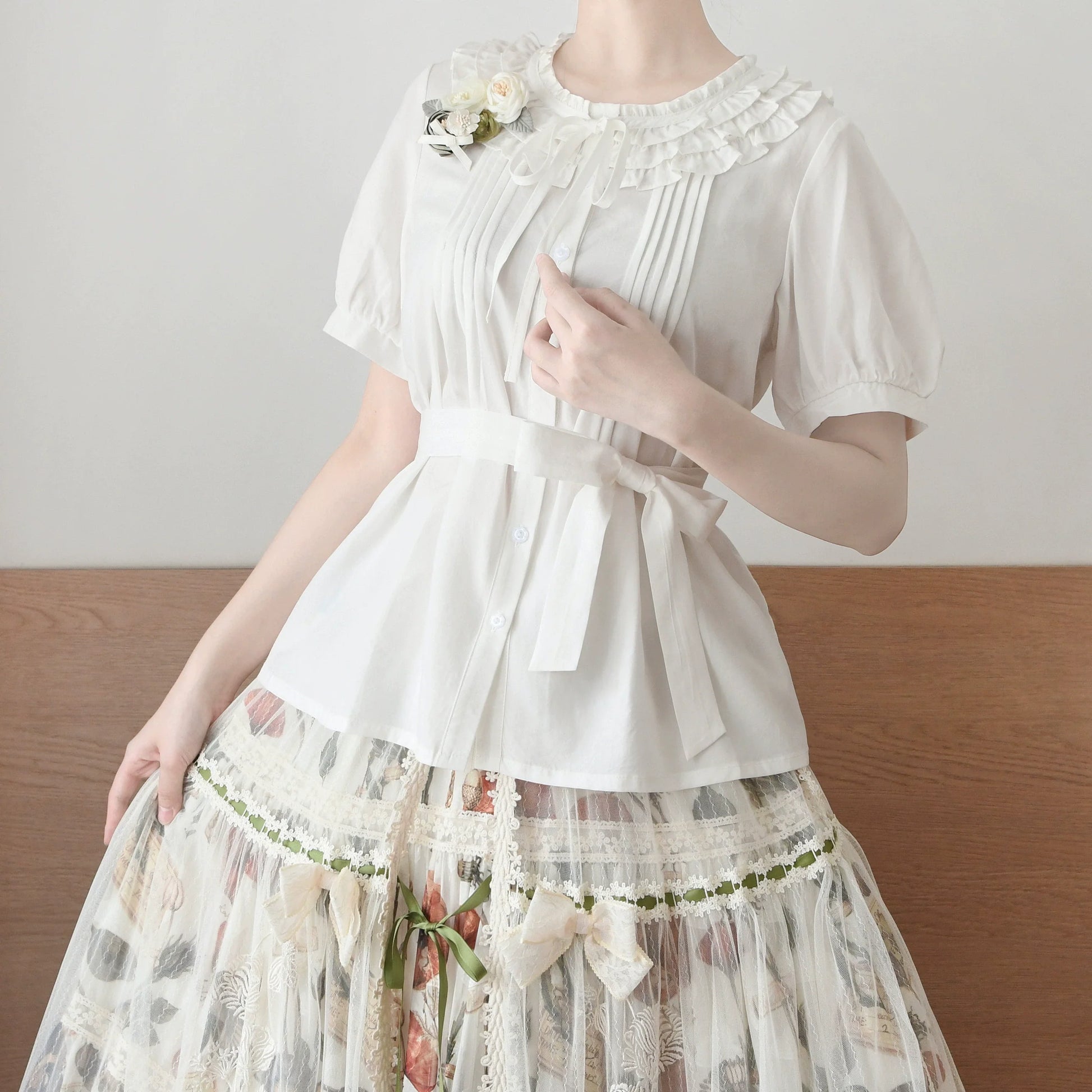 MIST - Vernal Stream - Lightweight Kawaii Lolita Blouse, Detachable Waist Tie
