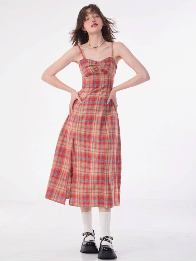 Retro plaid suspender dress【s0000007831】