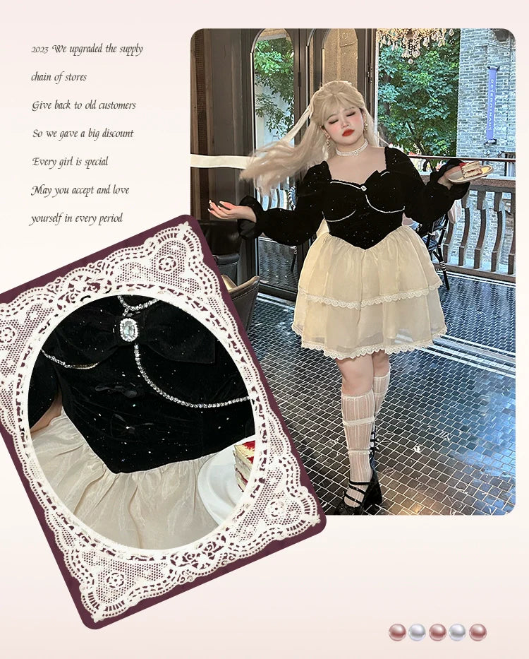 Yingtang - Plus Size Lolita Dress Velvet Long Sleeve