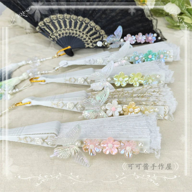 Cocoa Jam - Han Lolita Fan Decorative Folding Fan with Butterfly and Flowers Tassel