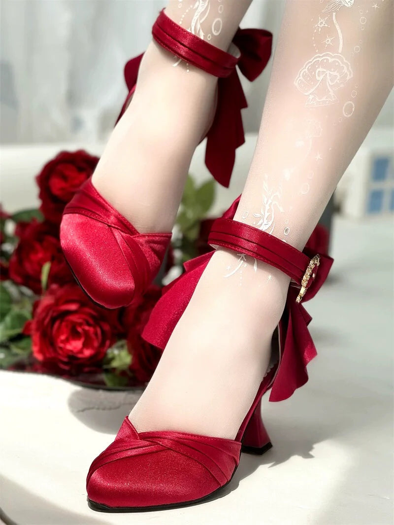 MR.Qiutian - Coronation - Elegant Lolita Shoes Satin Heels With Rose Buckle & Bow Clip