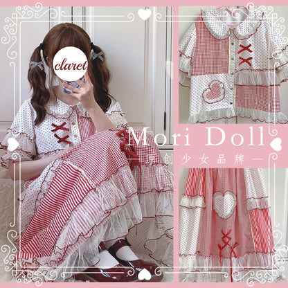Mori Doll - Peach Tea - Sweet Lolita Dot and Stripe Print Short Sleeve Blouse