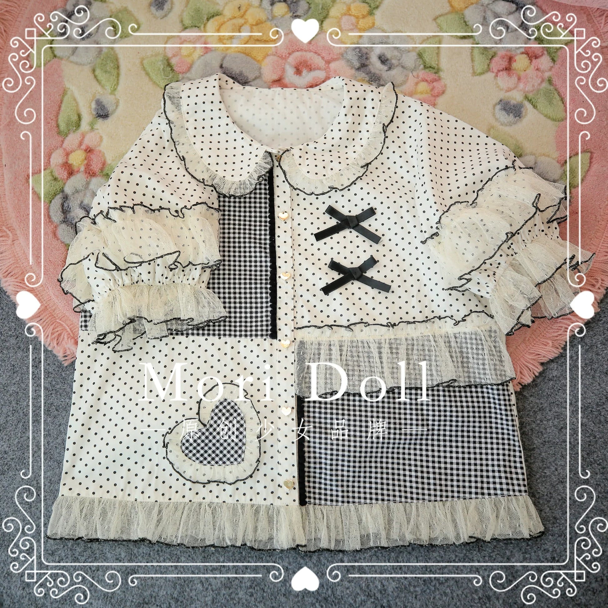 Mori Doll - Peach Tea - Sweet Lolita Dot and Stripe Print Short Sleeve Blouse