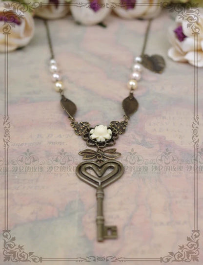 Rose of Sharon - Garden Key - Retro Lolita Necklace Long Pearl Sweater Chain
