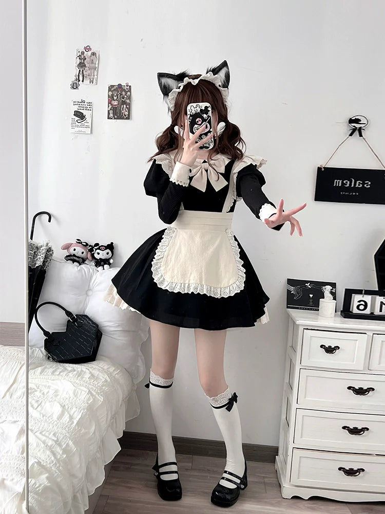 With PUJI - Kiss Kiss - Vintage Lolita OP Dress Maid Lolita Apron Dress