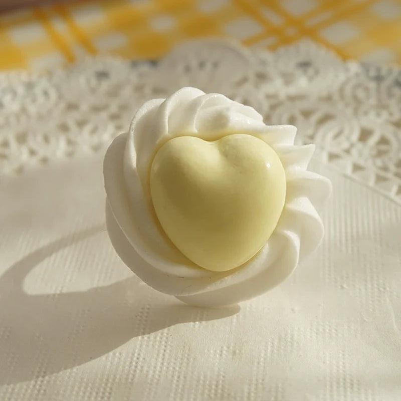 Cat Tea Party - Cute Lolita Ring Handmade Clay Cream Heart Shape Adjustable Ring