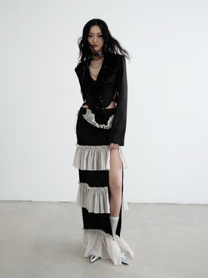 Deep Slit Ruffled Contrasting Maxi Skirt