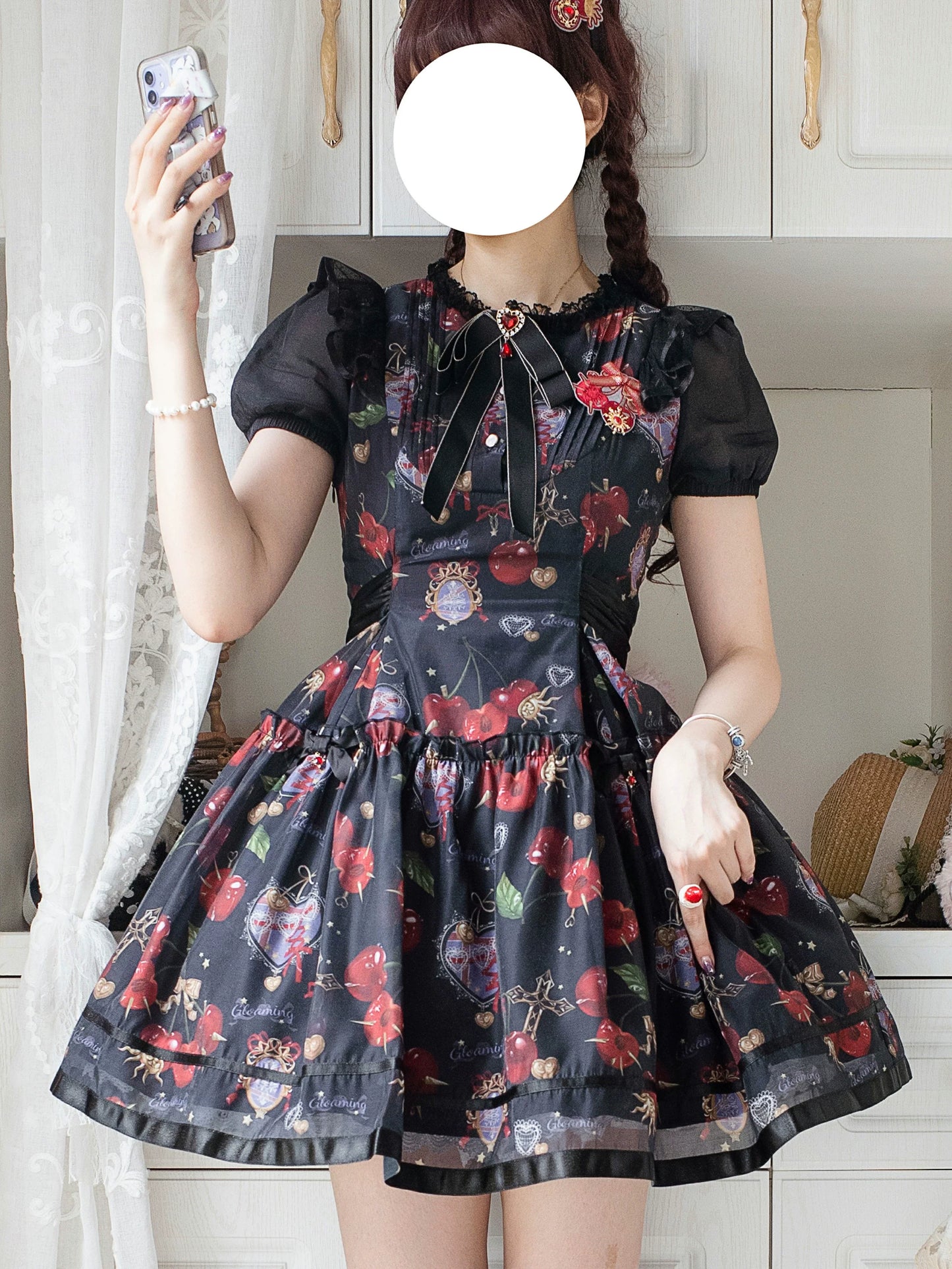 Gloaming - Sweet Lolita Cherry print Short Sleeve OP and SK Set